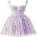 Elegant lavender sleeveless short dress with floral embroidery and a flared mesh tulle skirt - US 26W / Dresses / Lavender