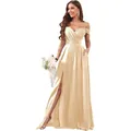 Elegant champagne off-shoulder satin bridesmaid dress with high slit and pockets - Champagne