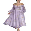 Elegant lavender off-the-shoulder evening dress with floral embroidery and sheer sleeves - US8 (XL) / Dresses / Lavender