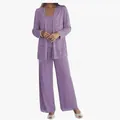 Elegant purple lace three-piece pant suit with cardigan and chiffon wide leg pants - US0 (XS) / Top And Bottom / Light Purple