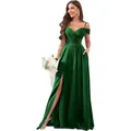 Elegant emerald green off-the-shoulder bridesmaid gown with a thigh-high slit and pockets - Green