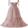 Elegantes rosa Abendkleid aus Tüll mit floralem Muster und verstellbaren Schleifenträgern - US16 / Kleider / Rosarot (Spaghettiträger)