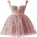 Elegant pink mini prom dress with colorful floral embroidery and adjustable straps - US 26W / Dresses / Dusty Pink