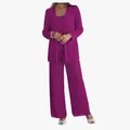 Elegant women's three-piece magenta lace cardigan and chiffon wide-leg trouser suit - US0 (XS) / Top And Bottom / Rose Red