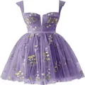 Elegant purple floral embroidered sleeveless mini party dress with corset bodice - US 26W / Dresses / Lavender
