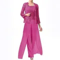 Elegante completo fucsia tre pezzi giacca in pizzo e pantalone in chiffon per eventi formali. - Rosso rosa