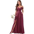 Elegant burgundy off-shoulder pleated bridesmaid gown with high slit and pocket detail - Burgundy