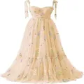 Elegantes champagnerfarbenes Abendkleid mit Blumenstickerei, Trägern und Tüllrock - US16 / Kleider / Champagner (Spaghettiträger)