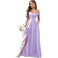 Elegant lavender off-the-shoulder evening gown with pleated bodice and high slit detail - Light Purple