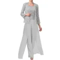 Elegante completo formale da donna in tre pezzi con pizzo grigio e pantaloni larghi in chiffon - Grigio chiaro