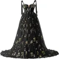 Elegantes schwarzes langes Abendkleid in A-Linie mit bunter Blumenstickerei und Bindebändern - US16 / Kleider / Schwarz (Spaghetti-Träger)