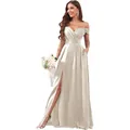 Elegant champagne satin off-the-shoulder bridesmaid dress with high slit and pleats - Silver Gray