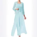 Elegante completo due pezzi celeste con cardigan in pizzo e pantaloni in chiffon a gamba larga - Azzurro