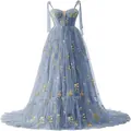 Elegantes langes hellblaues Spaghettiträger-Ballkleid mit Stickerei und Tüllrock - US16 / Kleider / Graublau