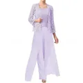 Elegante completo tre pezzi in pizzo lavanda con giacca e pantaloni larghi in chiffon abbinati - Viola chiaro