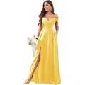 Elegant yellow off-the-shoulder pleated bridesmaid dress with high slit long gown - Yellow