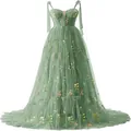 Elegantes salbeigrünes Abendkleid mit Blumenstickerei und dünnen Trägern für formelle Anlässe - US16 / Kleider / Grün