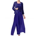 Completo tre pezzi blu reale con cardigan in pizzo e pantaloni a gamba larga in chiffon - Blu scuro