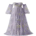 Κομψό μωβ τούλινο βραδινό φόρεμα με κίτρινα φλοράλ κεντήματα και φουσκωτά μανίκια - US4 / Dresses / Βιολετί