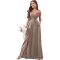 Elegant floor-length taupe off-shoulder bridesmaid dress with pleats and side slit - Amber