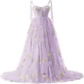 Elegantes lavendelfarbenes ärmelloses Abendkleid mit floraler Stickerei und Spaghettiträgern - US16 / Kleider / Hellviolett