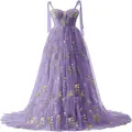 Elegantes lila langes Trägerabendkleid mit gelber Blumenstickerei - US16 / Kleider / Lavendel