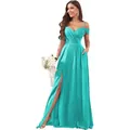 Elegant off-the-shoulder teal bridesmaid dress with a ruched bodice and a high leg slit - Cyan