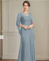 Elegant grey-blue chiffon evening gown with lace applique detail and long flowing skirt - Grey Blue