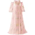 Elegant pink tulle prom dress with floral embroidery and puffy long sleeves - US16 / Dress (Style D) / Pink