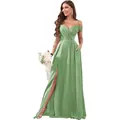 Elegant sage green off-the-shoulder bridesmaid dress with pleated bodice and high side slit - Light Green