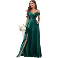 Elegant emerald green off-shoulder bridesmaid dress with high slit and pleated satin - Sea Green