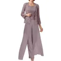 Elegante completo tre pezzi in pizzo color malva e pantaloni larghi in chiffon per cerimonie - Glicine