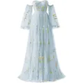 Elegant light blue off-the-shoulder evening gown with yellow floral embroidery details - US16 / Dresses / Type D-Light Blue