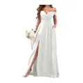 Elegant off-the-shoulder white bridesmaid dress with high slit and pleated bodice details - Ivory