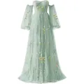 Sage green off-the-shoulder tulle evening gown with yellow floral embroidery and puff sleeves - US16 / Dresses / D Style - Light Green