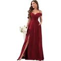 Elegant burgundy off-shoulder long bridesmaid dress with high leg slit and pleated bodice detail - Dark Red