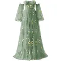 Sage green floral embroidered tulle evening gown with off-shoulder puff sleeves - US16 / Dresses / Style D - Dark Green