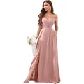 Elegant off-shoulder dusty pink long bridesmaid dress with high slit and pleated bodice - Lotus Pink