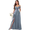 Elegant off-shoulder dusty blue bridesmaid dress with high slit and pleated bodice. - Azure Blue