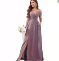 Elegant off-the-shoulder mauve bridesmaid dress featuring a pleated bodice and high side slit - Camel