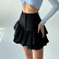 Fashionable high-waisted black tiered A-line mini skirt with ruffled cake hem for summer - S / Black
