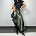 Olive green asymmetric satin midi skirt with black lace trim detail - S / Green