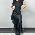 Elegant black asymmetrical satin midi skirt with delicate lace trim for stylish women - S / Black