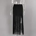 Close-up of elegant black straight skirt featuring long fringe detail at bottom - S / Bottoms / Black