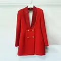 Detail of red blazer dress featuring rhinestone shawl collar and double-breasted gold buttons - S / Dresses / Red