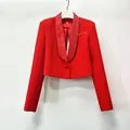 Red cropped blazer featuring rhinestone-studded shawl collar and stylish back cutout - S / Tops / Red