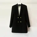 Elegant black blazer dress featuring a rhinestone shawl lapel and gold buttons - S / Dresses / Black