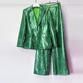 Elegant emerald green sequin suit set with slim-fit blazer and wide-leg trousers. - S / Top And Bottom / Green