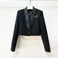 Elegant black cropped blazer featuring studded shawl collar for women - S / Tops / Black