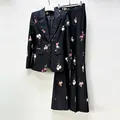 Professional elegant black floral blazer and matching flared trousers two-piece suit set - S / Top And Bottom / Rainbow